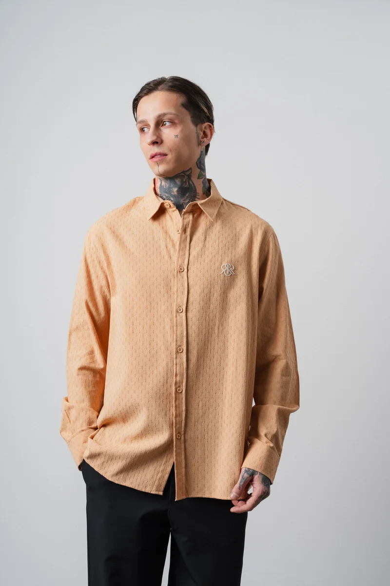 RESPIRE Men's Star Embroidered Long-Sleeve Oversize Shirt, Camel