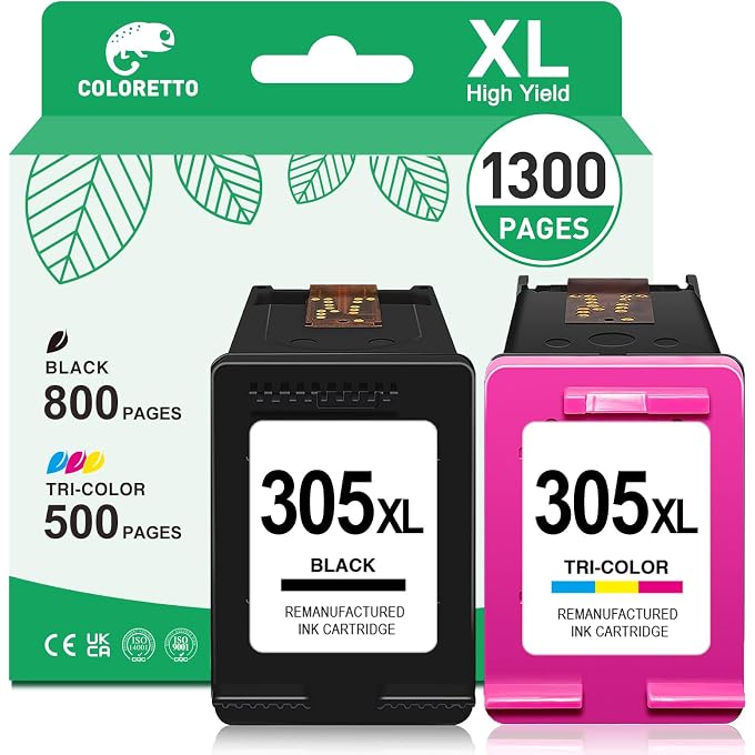 COLORETTO 305XL Black Colour Printer Ink Cartridge Replacement for 305 XL Compatible with Envy 6000 6020 6022 DeskJet 2710 2710e 4130 2700 2720 Envy Pro 6400 6420 6430 High Yield Remanufactured Ink