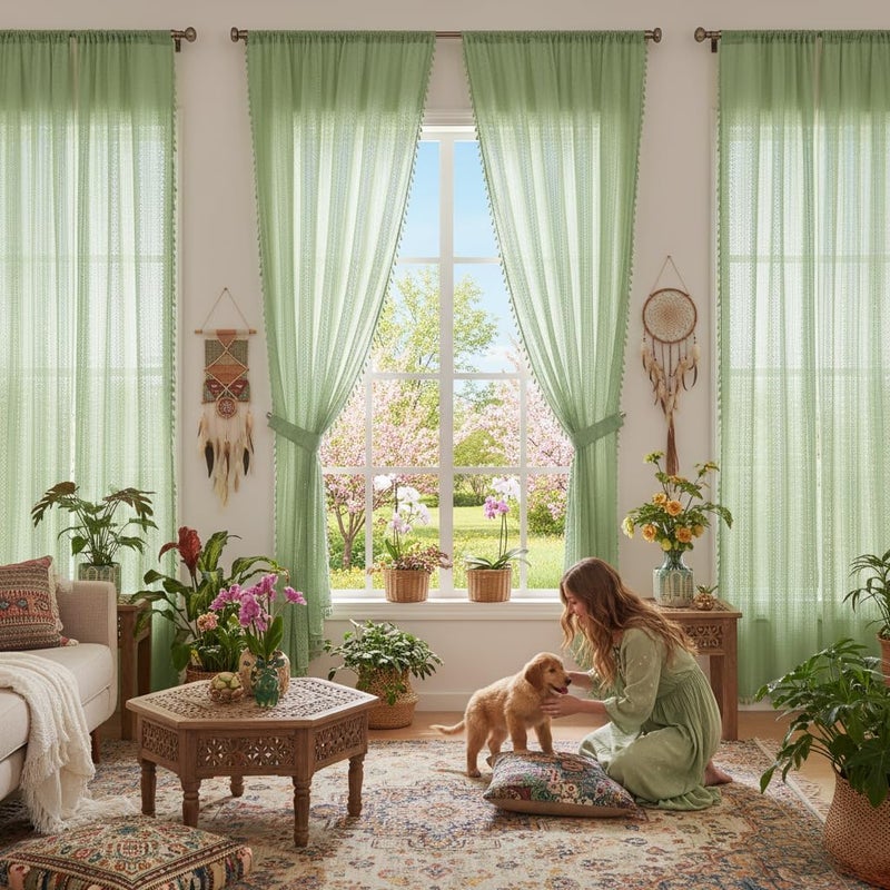 WAZZIO Green Lace Curtains 84 Inches Long 2 Panels,Rod Pocket Cotton Blend Cute Tassel Crochet Semi Sheer Privacy Curtain Boho Spring Drapes for Bedroom Living Room Nursery,59x84 Inch - Image 2