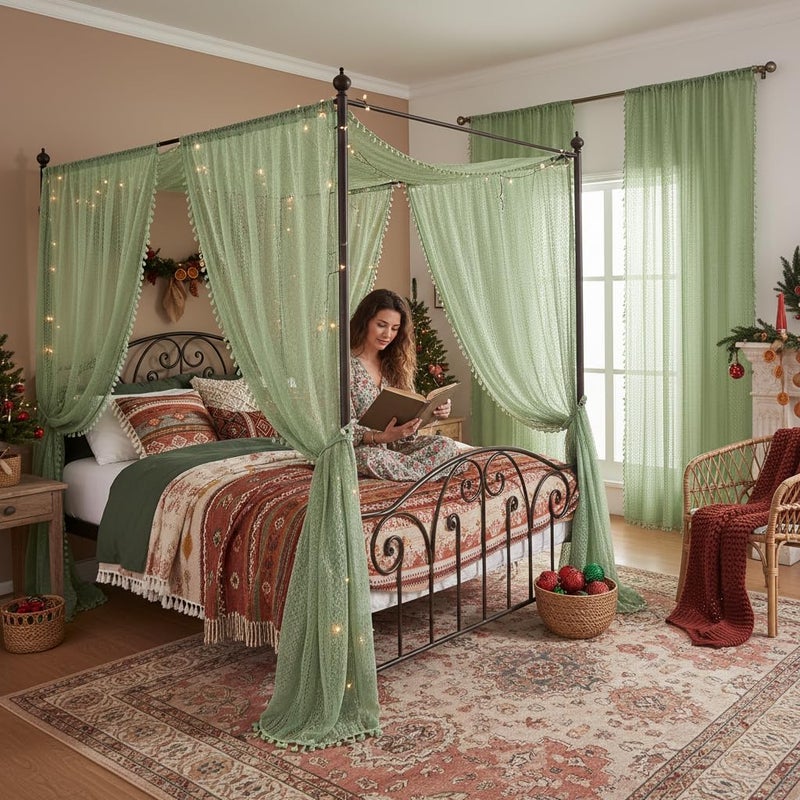 WAZZIO Green Lace Curtains 84 Inches Long 2 Panels,Rod Pocket Cotton Blend Cute Tassel Crochet Semi Sheer Privacy Curtain Boho Spring Drapes for Bedroom Living Room Nursery,59x84 Inch - Image 3