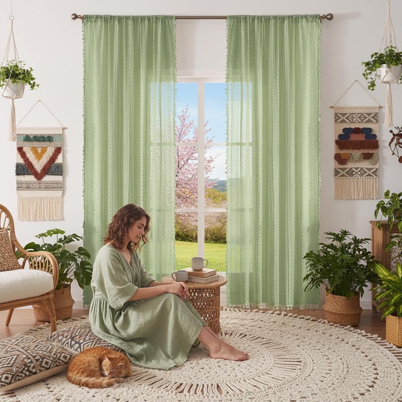 WAZZIO Green Lace Curtains 84 Inches Long 2 Panels,Rod Pocket Cotton Blend Cute Tassel Crochet Semi Sheer Privacy Curtain Boho Spring Drapes for Bedroom Living Room Nursery,59x84 Inch - Image 1