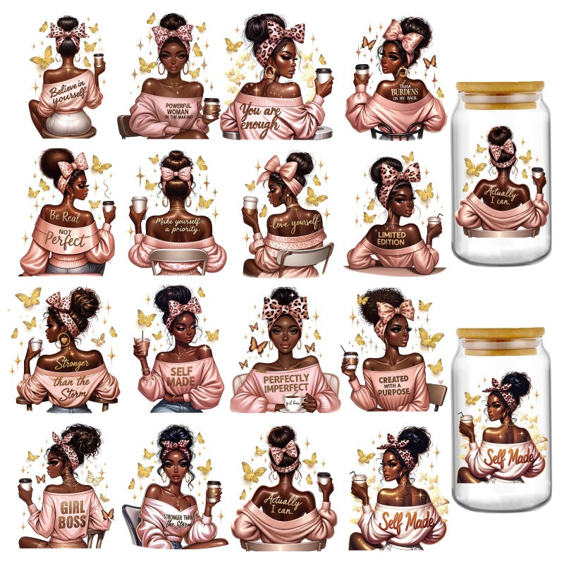 AFRITEE UV DTF Tumbler Wrap - 20 Sheets Black Girl UV DTF Cup Wraps for 16 20 oz Glass Cups, Gold Butterfly Personalized Transfer Sticker Decals DIY Water Bottle Coffee Mug Craft Decor Gift for Women - Image 1