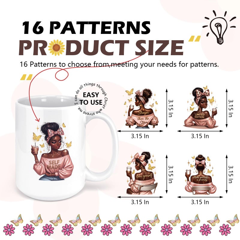 AFRITEE UV DTF Tumbler Wrap - 20 Sheets Black Girl UV DTF Cup Wraps for 16 20 oz Glass Cups, Gold Butterfly Personalized Transfer Sticker Decals DIY Water Bottle Coffee Mug Craft Decor Gift for Women - Image 4