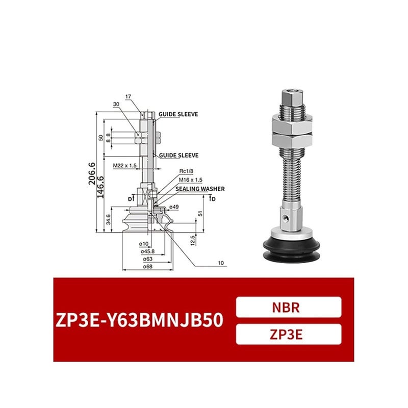 1Pcs ZP3E-Y63/80/100/125BMNJB10/30/50 Threaded Industrial Robot Heavy Duty Black NBR Vacuum Suction Sucker Set(ZP3E-Y63BMNJB50) - Image 2