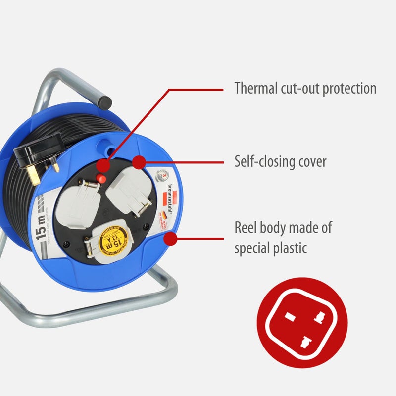 Brennenstuhl Compact 3-way socket cable reel (15m cord length, thermal cut-out protection), small reel for easy tool box storage, cable colour: black - Image 2