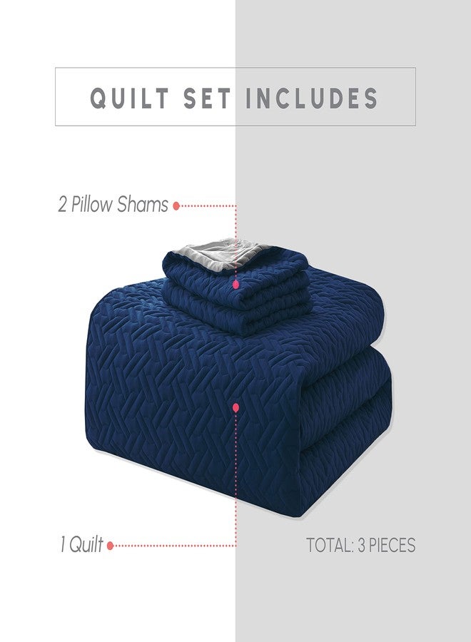 إليجنت كومفورت طقم غطاء سرير أنيق ومريح مكون من 3 قطع، مبطن وقابل للعكس، مع أغطية وسائد، بخياطة فاخرة رائعة، مناسب لجميع الفصول، وزن ثقيل، لحاف فاخر فائق النعومة، مقاس كوين، كحلي/رمادي - Image 3