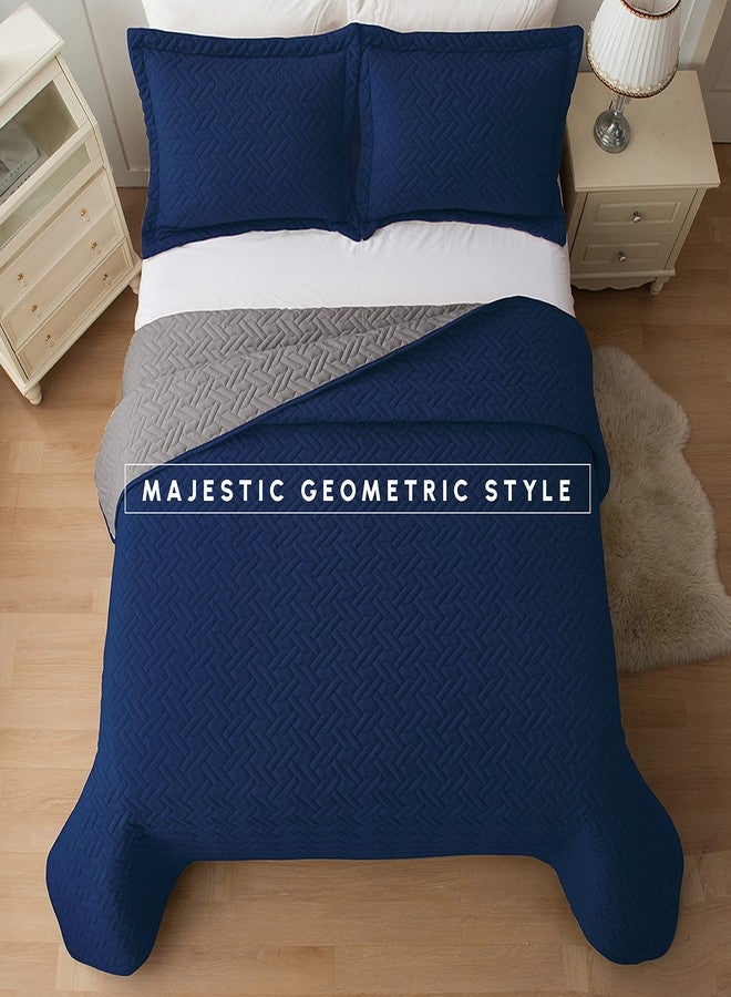 إليجنت كومفورت طقم غطاء سرير أنيق ومريح مكون من 3 قطع، مبطن وقابل للعكس، مع أغطية وسائد، بخياطة فاخرة رائعة، مناسب لجميع الفصول، وزن ثقيل، لحاف فاخر فائق النعومة، مقاس كوين، كحلي/رمادي - Image 5