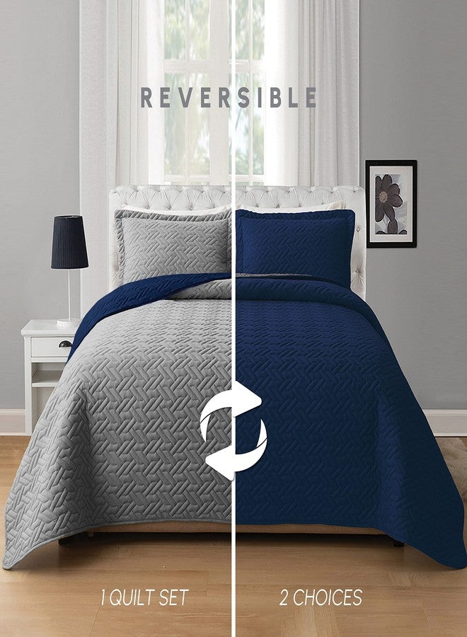 إليجنت كومفورت طقم غطاء سرير أنيق ومريح مكون من 3 قطع، مبطن وقابل للعكس، مع أغطية وسائد، بخياطة فاخرة رائعة، مناسب لجميع الفصول، وزن ثقيل، لحاف فاخر فائق النعومة، مقاس كوين، كحلي/رمادي - Image 2