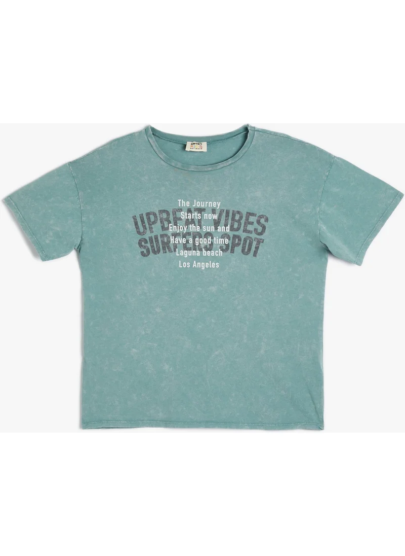 كوتون T-Shirt Slogan Printed Short Sleeve Crew Neck