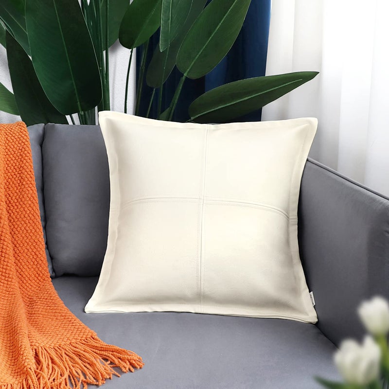 BRAWARM BRAWARM Cream Leather Throw Pillow 22 X 22 Inches  Faux Leather Pillow Cover with Piping  Hand Stitched Leather Decorative Throw Pillow Covers for Couch Sofa Bed Living Room Garden - Image 2