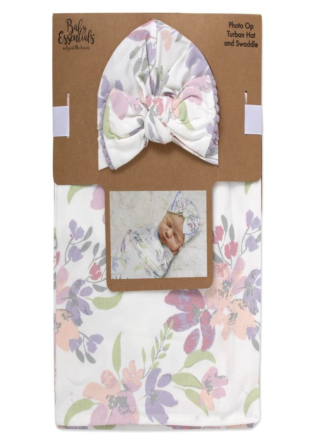 Baby Essentials Baby Cotton Swaddle Blanket Wrap with Headband or Hat Set for Baby Girls, Boys Newborns and Infants 0-6 Months (Colorful Blooms) - Image 1