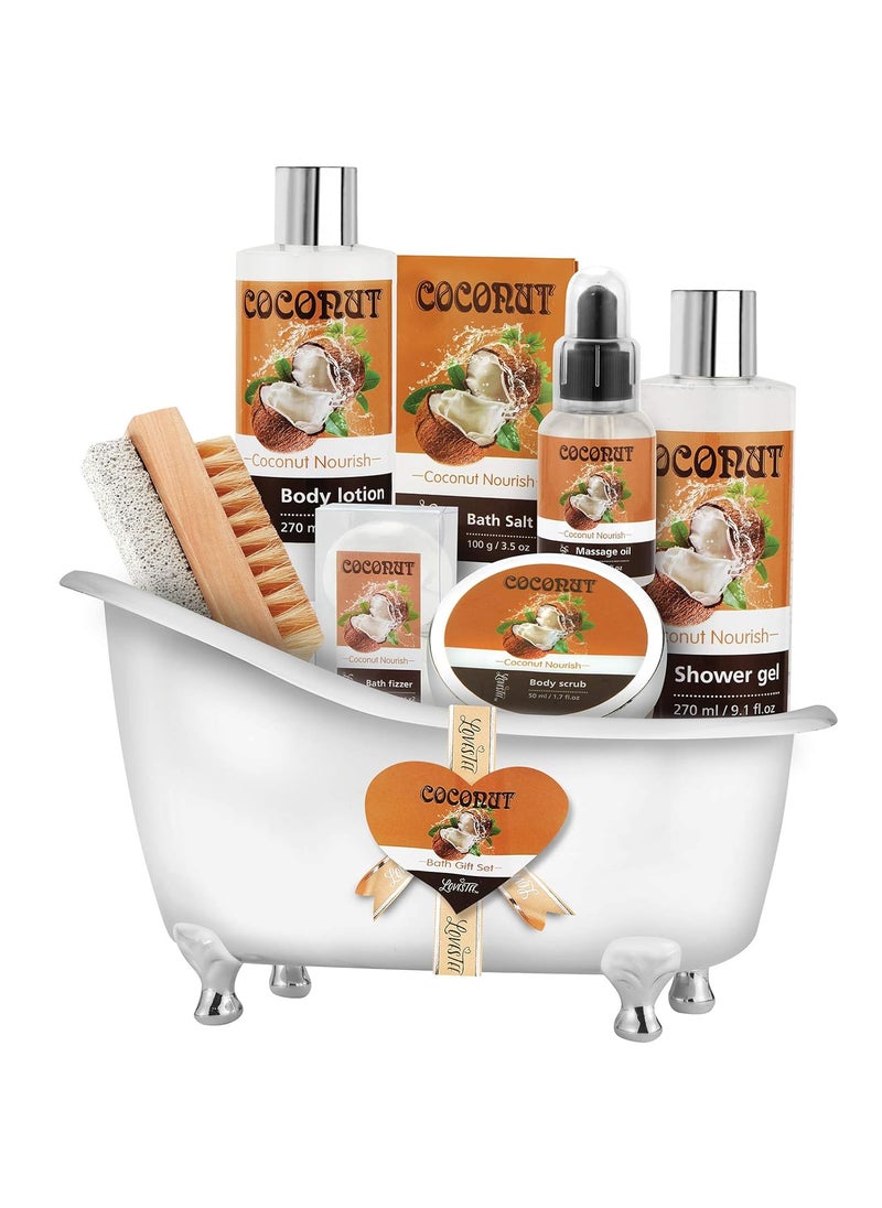 Lovestee Relaxing Spa Gift Baskets For Women Bath and Body Gift Set for mom Coconut Spa Kit includes Bath Bombs Message Oil Body Scrub Bath Salt Body Lotion Shower Gel and Scrub Brush 