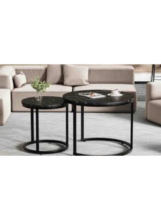 Round Nesting Coffee Table Set of 2 End Tables for Living Room, Faux Marble Coffee Table Wooden Accent Furniture with Metal Frame, Center Table for Home Office, Easy Assembly (Black) - Image 3