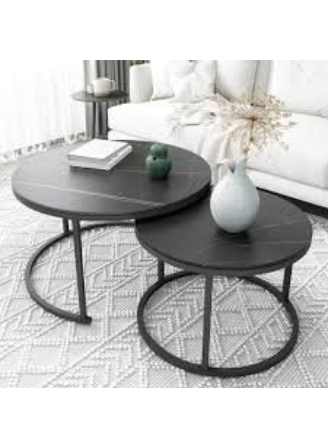 Round Nesting Coffee Table Set of 2 End Tables for Living Room, Faux Marble Coffee Table Wooden Accent Furniture with Metal Frame, Center Table for Home Office, Easy Assembly (Black) - Image 1