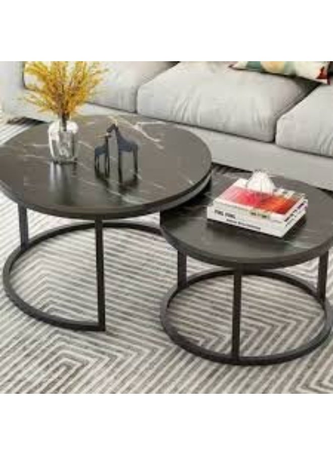 Round Nesting Coffee Table Set of 2 End Tables for Living Room, Faux Marble Coffee Table Wooden Accent Furniture with Metal Frame, Center Table for Home Office, Easy Assembly (Black) - Image 2