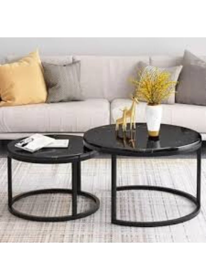 Round Nesting Coffee Table Set of 2 End Tables for Living Room, Faux Marble Coffee Table Wooden Accent Furniture with Metal Frame, Center Table for Home Office, Easy Assembly (Black) - Image 4