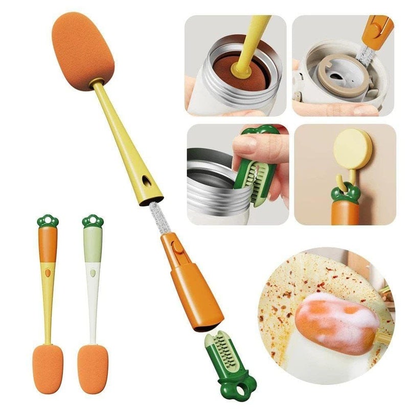 KRIAVAXA 3-in-1 Multifunctional Cup Brush Cleaning Brush in Carrot Shape Sponge Brush with Long Handle Bottle Cleaner Brush for Baby Bottles, Water Bottle (Pack of 2) - Image 1