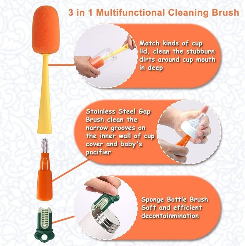 KRIAVAXA 3-in-1 Multifunctional Cup Brush Cleaning Brush in Carrot Shape Sponge Brush with Long Handle Bottle Cleaner Brush for Baby Bottles, Water Bottle (Pack of 2) - Image 3