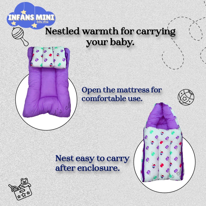 Infans Mini Cherry Mini 3 in 1 Baby's Cotton Bed Cum Carry Bed Printed Baby Sleeping Bag-Baby Bed-Infant Portable for Unisex Easily Portable, Light Weight Carry for New Born 0-4 Months Old (Violet) - Image 3