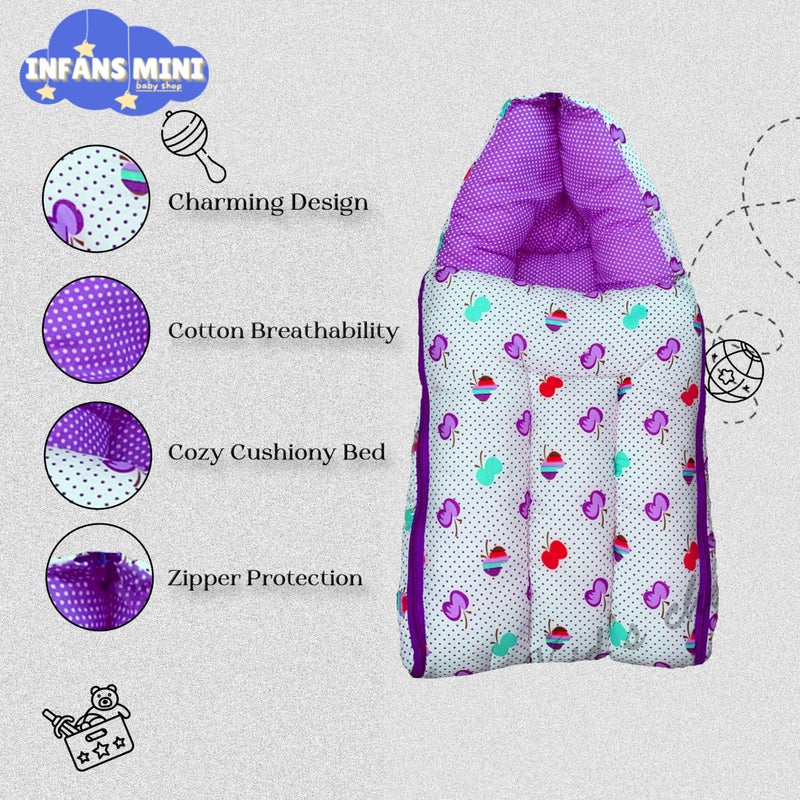 Infans Mini Cherry Mini 3 in 1 Baby's Cotton Bed Cum Carry Bed Printed Baby Sleeping Bag-Baby Bed-Infant Portable for Unisex Easily Portable, Light Weight Carry for New Born 0-4 Months Old (Violet) - Image 4
