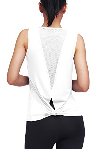 Mippo Workout Tops for Women Yoga Clothes Running Shirts Tie Back Tanks Tennis Shirts Athletic Exercise Tops White S - Image 5