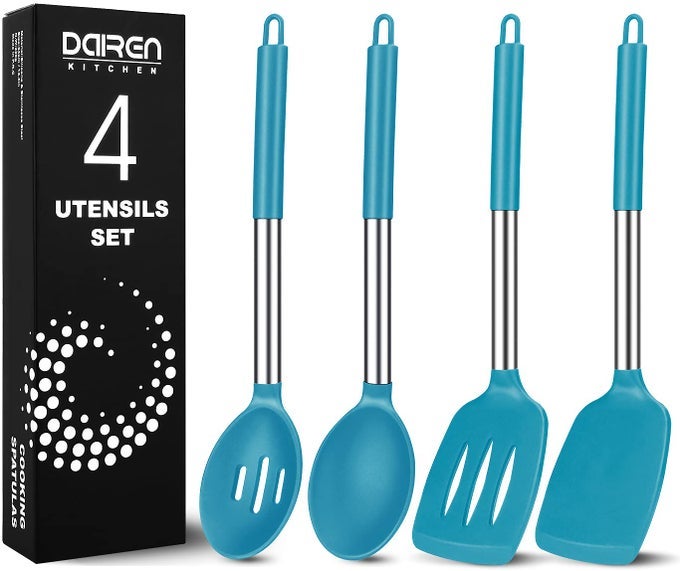 PACK OF 4 LARGE SILICONE COOKING SPATULAS AND SPOONS SLOTTED AND SOLID STAINLESS STEEL COOKING UTENSILS SET NONSTICK HEAT RESISTANT KITCHEN FOR BAKING FRIED STIRFRY MIXING SERVING BLUE
