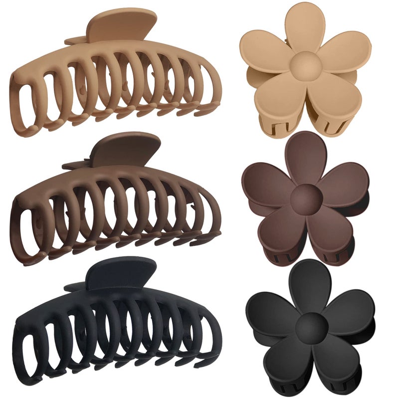 OWIIZI Hair Clip Large Claw Clips for Thick Hair NonSlip Cute Flower Matte Big Hair Clips Strong Hold Barrette Jumbo Hair Clips for Women 6 Pieces Set