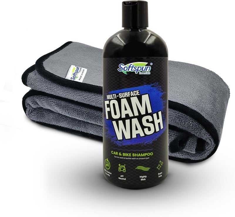 SOFTSPUN Microfiber & Car Shampoo Combo | 500 GSM 40x60cm 1 Pc Grey+500mL Car & Bike Premium Liquid Shampoo | Thick Foam, Removes Tough Dirt & Grime | pH Neutral | Works with Bucket & Foam Cannon. - Image 1