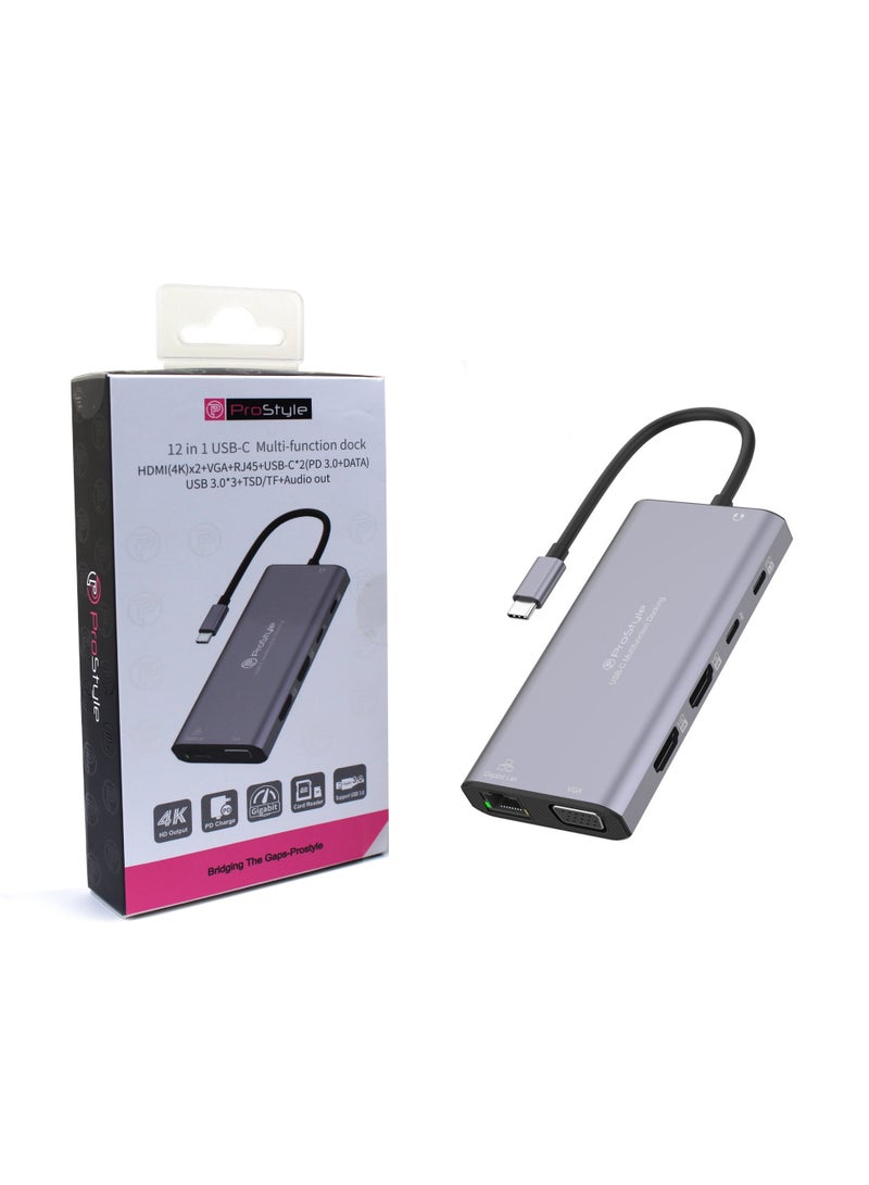 بروستايل موزع USB C 12 في 1 مع شاشة مزدوجة مع 2 HDMI 4K VGA RJ45 2 USB C 3 USB 3.0 SD TF مخرج صوت 100 واط PD متوافق مع أجهزة الكمبيوتر المحمولة Dell HP Lenovo Surface MacBook Pro Air - Image 1
