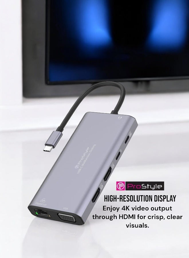 بروستايل موزع USB C 12 في 1 مع شاشة مزدوجة مع 2 HDMI 4K VGA RJ45 2 USB C 3 USB 3.0 SD TF مخرج صوت 100 واط PD متوافق مع أجهزة الكمبيوتر المحمولة Dell HP Lenovo Surface MacBook Pro Air - Image 3