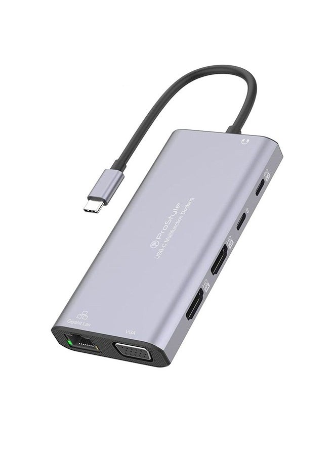 بروستايل محطة إرساء USB C HUB بشاشة مزدوجة، 12 في 1، 2 HDMI 4k، VGA + RJ45، 2 USB C، 3 USB 3.0، SD/TF، ​​مخرج صوت متوافق مع أجهزة الكمبيوتر المحمولة Dell/ Surface/ HP/ Lenovo  - Image 1