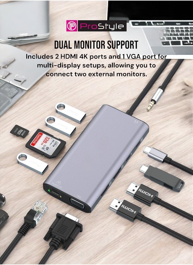 بروستايل محطة إرساء USB C HUB بشاشة مزدوجة، 12 في 1، 2 HDMI 4k، VGA + RJ45، 2 USB C، 3 USB 3.0، SD/TF، ​​مخرج صوت متوافق مع أجهزة الكمبيوتر المحمولة Dell/ Surface/ HP/ Lenovo  - Image 2