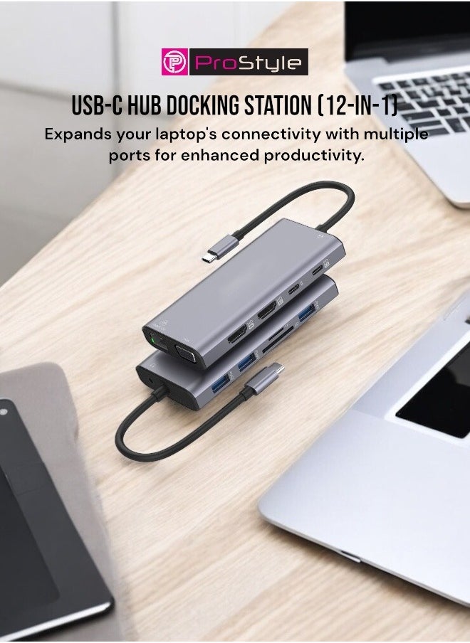 بروستايل محطة إرساء USB C HUB بشاشة مزدوجة، 12 في 1، 2 HDMI 4k، VGA + RJ45، 2 USB C، 3 USB 3.0، SD/TF، ​​مخرج صوت متوافق مع أجهزة الكمبيوتر المحمولة Dell/ Surface/ HP/ Lenovo  - Image 3