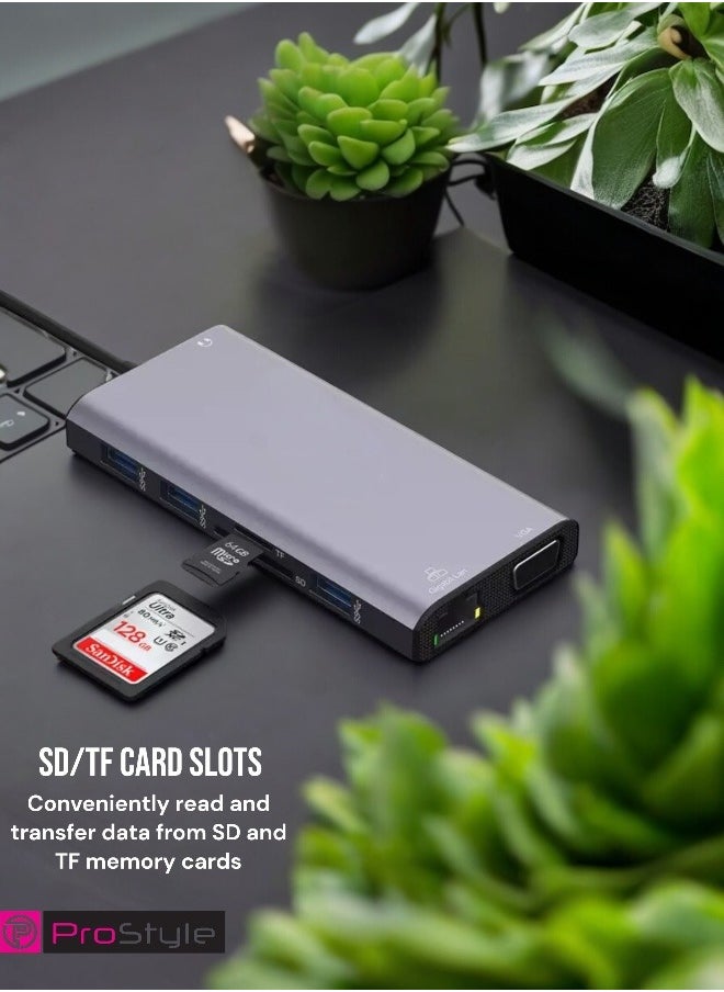 بروستايل - محطة إرساء USB C HUB بشاشة مزدوجة، 12 في 1، 2 HDMI 4k، VGA + RJ45، 2 USB C، 3 USB 3.0، SD/TF، ​​مخرج صوت متوافق مع أجهزة الكمبيوتر المحمولة Dell/ Surface/ HP/ Lenovo - Image 1