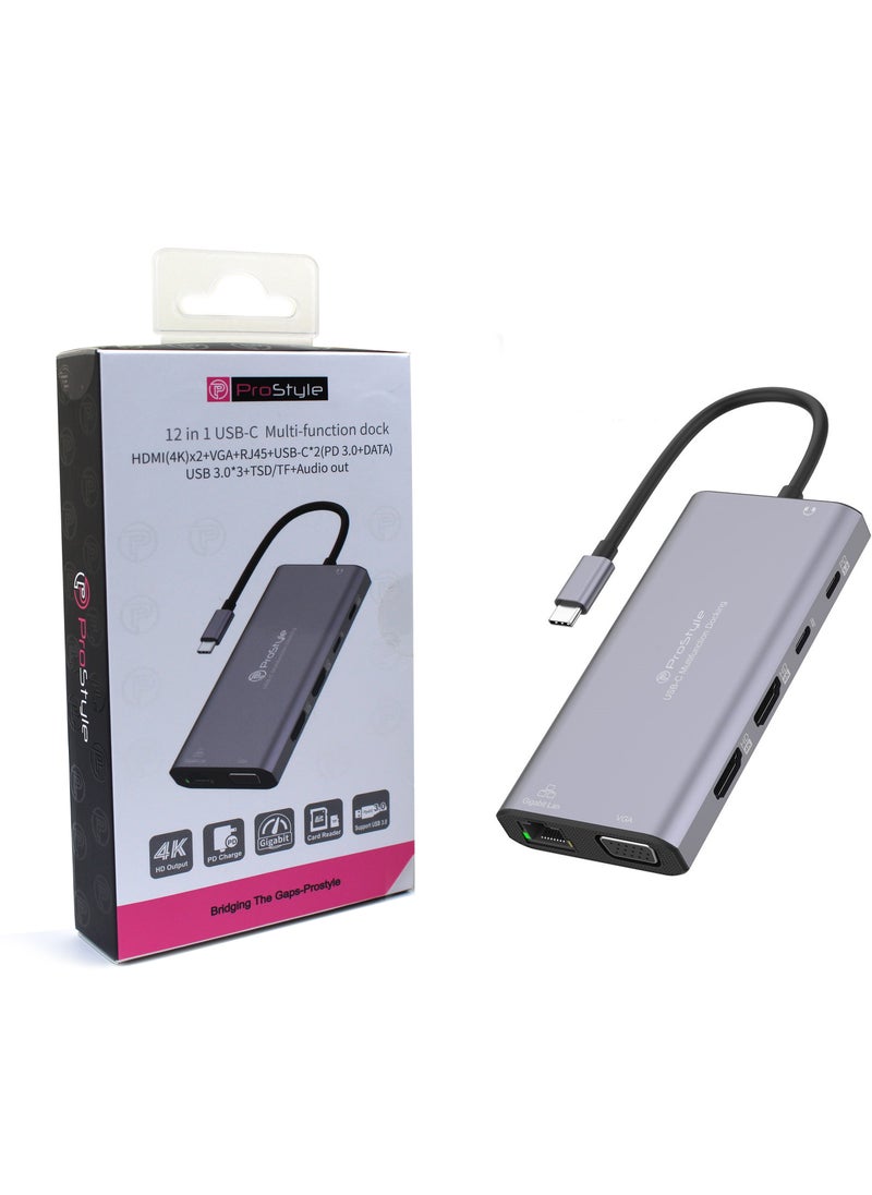 بروستايل - محطة إرساء USB C HUB بشاشة مزدوجة، 12 في 1، 2 HDMI 4k، VGA + RJ45، 2 USB C، 3 USB 3.0، SD/TF، ​​مخرج صوت متوافق مع أجهزة الكمبيوتر المحمولة Dell/ Surface/ HP/ Lenovo - Image 1