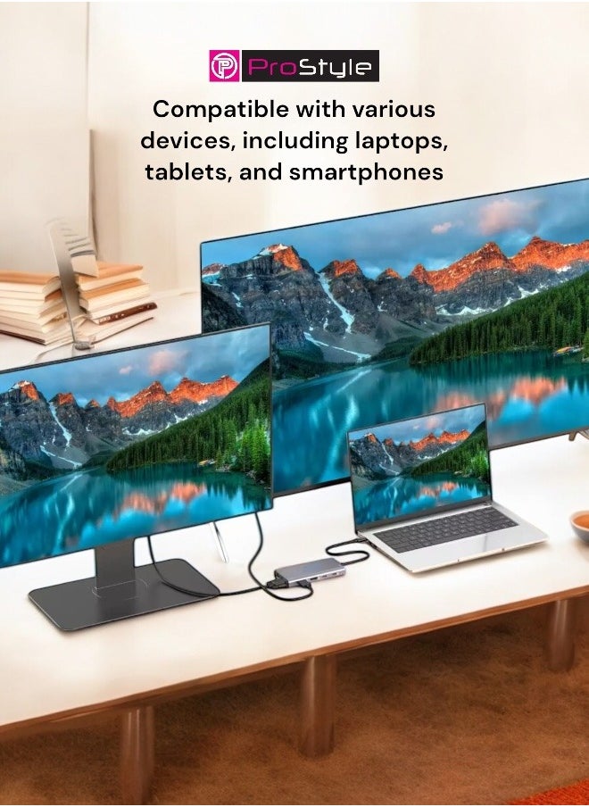 بروستايل - محطة إرساء USB C HUB بشاشة مزدوجة، 12 في 1، 2 HDMI 4k، VGA + RJ45، 2 USB C، 3 USB 3.0، SD/TF، ​​مخرج صوت متوافق مع أجهزة الكمبيوتر المحمولة Dell/ Surface/ HP/ Lenovo - Image 1
