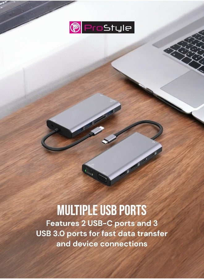 بروستايل محطة إرساء USB C HUB بشاشة مزدوجة، 12 في 1، 2 HDMI 4k، VGA + RJ45، 2 USB C، 3 USB 3.0، SD/TF، ​​مخرج صوت متوافق مع أجهزة الكمبيوتر المحمولة Dell/ Surface/ HP/ Lenovo  - Image 5