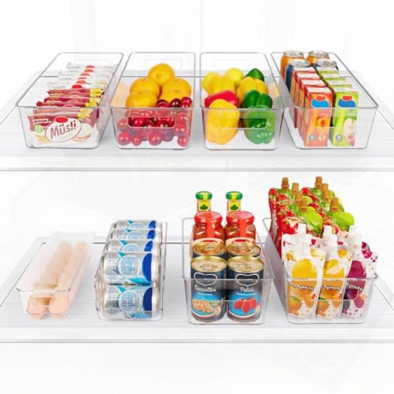 8 Pack Clear Kitchen Storage Organizer with Handles Stackable Clear Storage Boxes BPA-free Suitable for Kitchen Cabinets Freezers Food Shelves 3 Sizes - Image 1