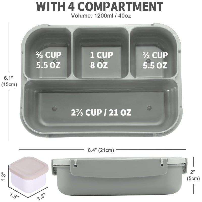 shell and turtle Bento Box Adult Lunch Box, Lunch Containers for Kids Girls Boys with 4 Compartments, Lunchable Food Container with Utensils, Sauce Jar, Muffin Liners, 40 Oz/5 Cup, Microwave & Dishwasher Safe, Gray - Image 2