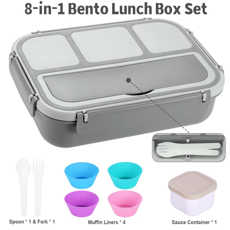 shell and turtle Bento Box Adult Lunch Box, Lunch Containers for Kids Girls Boys with 4 Compartments, Lunchable Food Container with Utensils, Sauce Jar, Muffin Liners, 40 Oz/5 Cup, Microwave & Dishwasher Safe, Gray - Image 5
