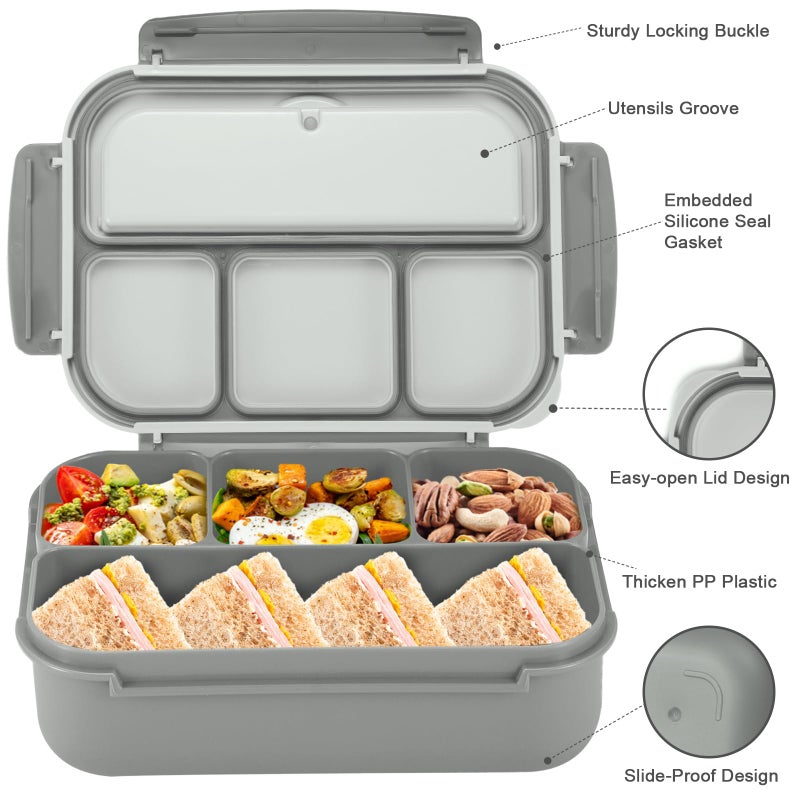 shell and turtle Bento Box Adult Lunch Box, Lunch Containers for Kids Girls Boys with 4 Compartments, Lunchable Food Container with Utensils, Sauce Jar, Muffin Liners, 40 Oz/5 Cup, Microwave & Dishwasher Safe, Gray - Image 3