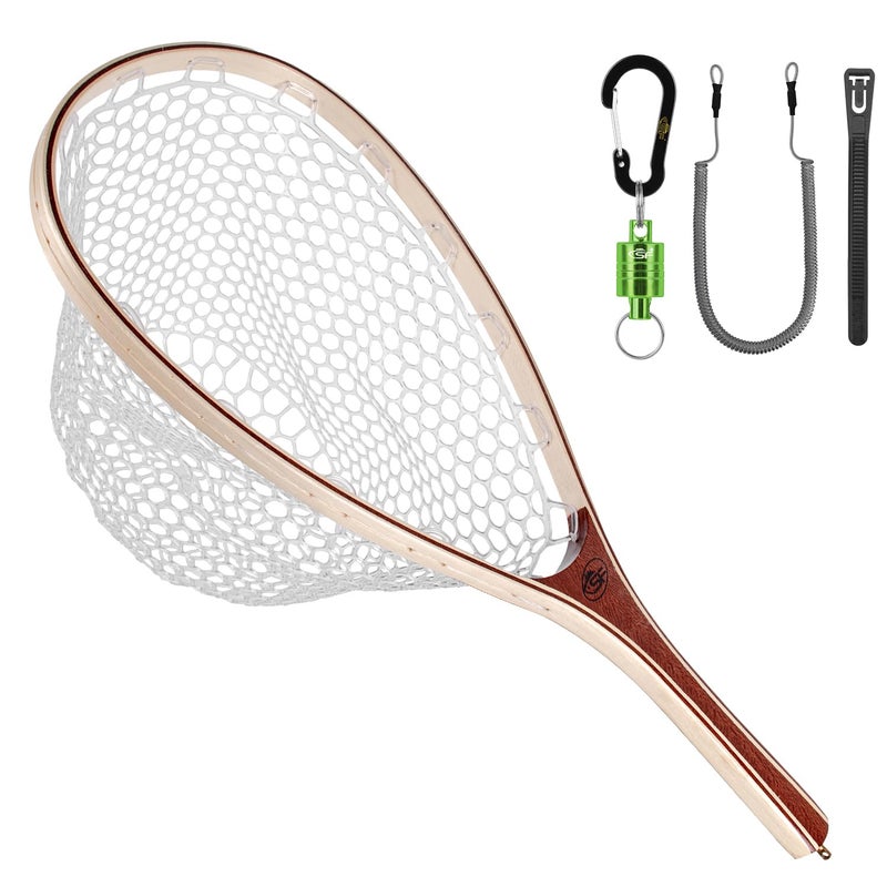 SF Fly Fishing Landing Net Soft Silicone Rubber Small Mesh Catch and Release Wood Frame Trout Net with Green Magnetic Release Combo Kit - Image 1