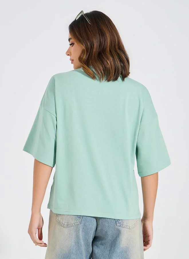 Take Two Oversized Slogan Print T-Shirt with Dropped Shoulder by Styli