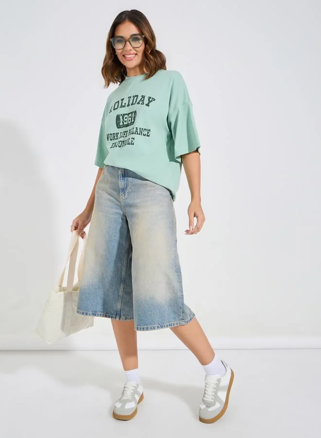 Take Two Oversized Slogan Print T-Shirt with Dropped Shoulder by Styli