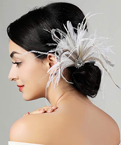 Chmier Bridal 1920s Flapper Feather Hair Clip Pin Crystal White Feather Roaring 20s Headpiece Prom Party Festival Hair Jewelry for Women - Image 1