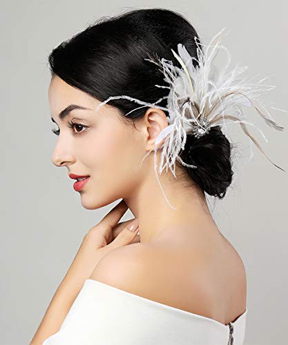 Chmier Bridal 1920s Flapper Feather Hair Clip Pin Crystal White Feather Roaring 20s Headpiece Prom Party Festival Hair Jewelry for Women - Image 3