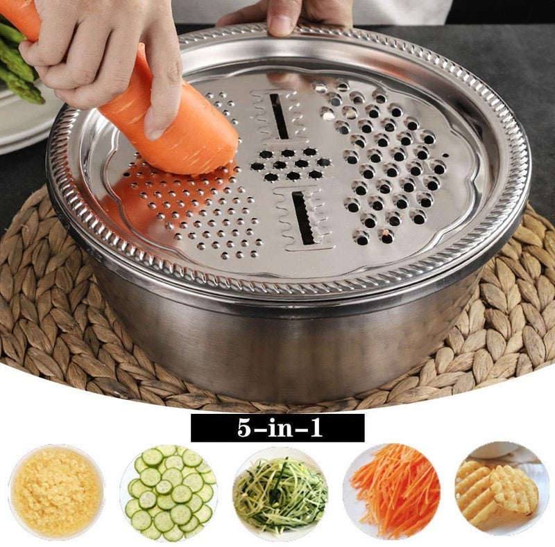 Rexmon 3 in 1 Multifunctional Stainless Steel Basin Grater Drain Basket Vegetable Cutter with Drain Basket Vegetable Fruits Washing Bowl Strainer Set Peck of 1 Silver - Image 4