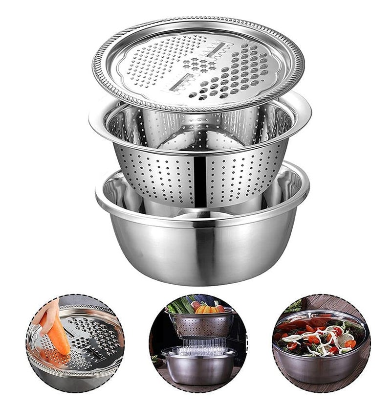 Rexmon 3 in 1 Multifunctional Stainless Steel Basin Grater Drain Basket Vegetable Cutter with Drain Basket Vegetable Fruits Washing Bowl Strainer Set Peck of 1 Silver - Image 5