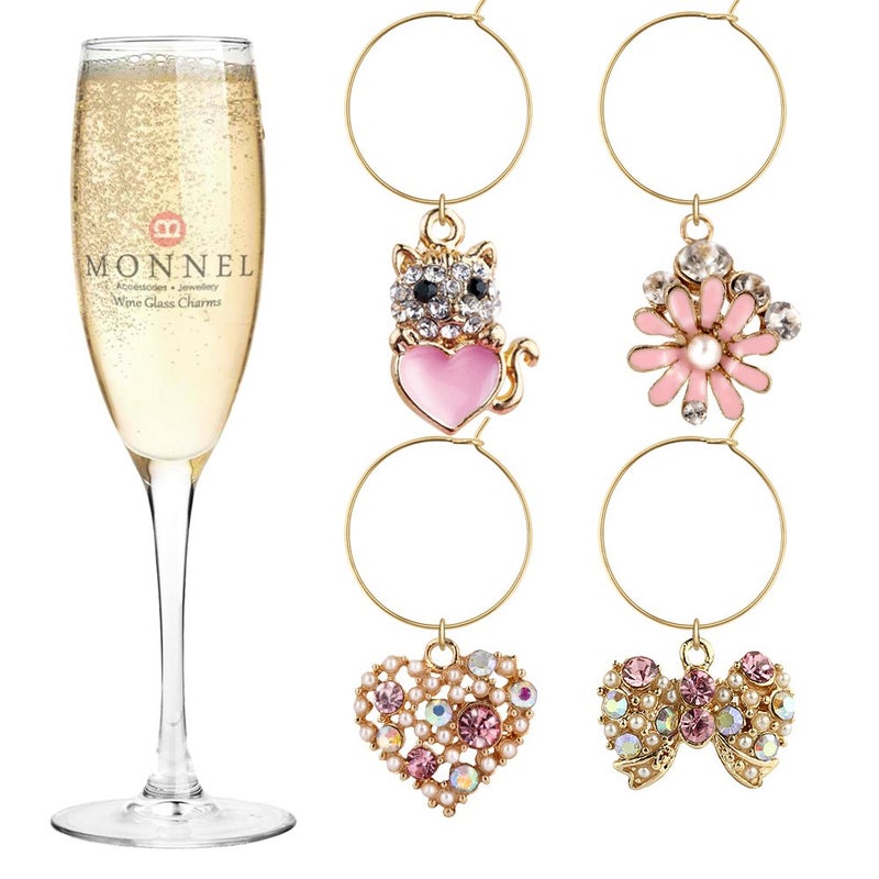 MONNEL P411 Crystal Bow Love Heart Cat Flower Wine Charms Glass Marker for Party with Velvet Bag (Pink,Set of 4) - Image 1