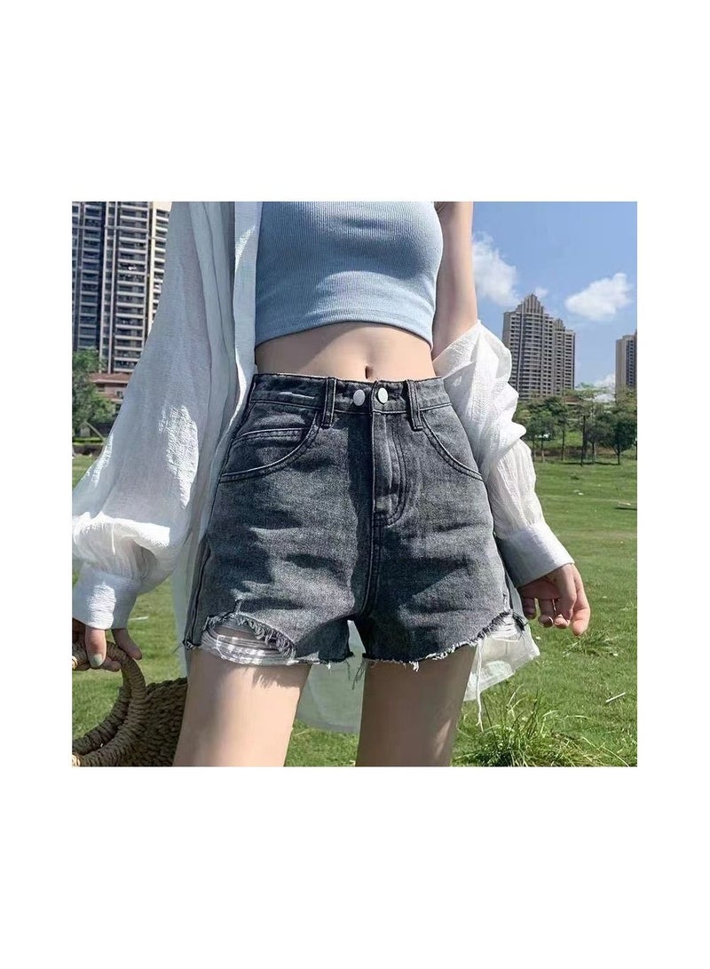 1-Piece Ladies and Girls Short Jeans,Summer Thin Trendy Loose Fitting Womens Denim Shorts,Casual and Versatile Girls Jeans Shorts,Colour Grey,Size S - Image 1